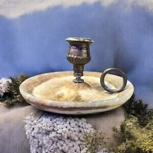 Antique Stone Chamber Candlestick-Agate-Finger Loop-Cast Metal-Boho-Natural